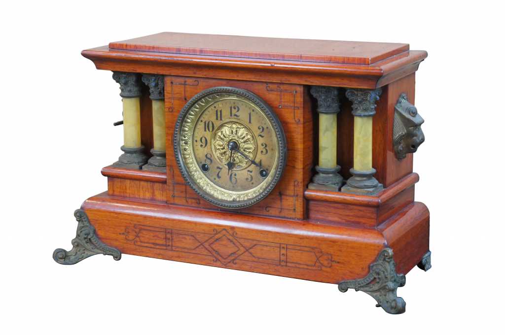 Victorian Antique Mantel Clock, Marble Grain Paint & Lions, Seth