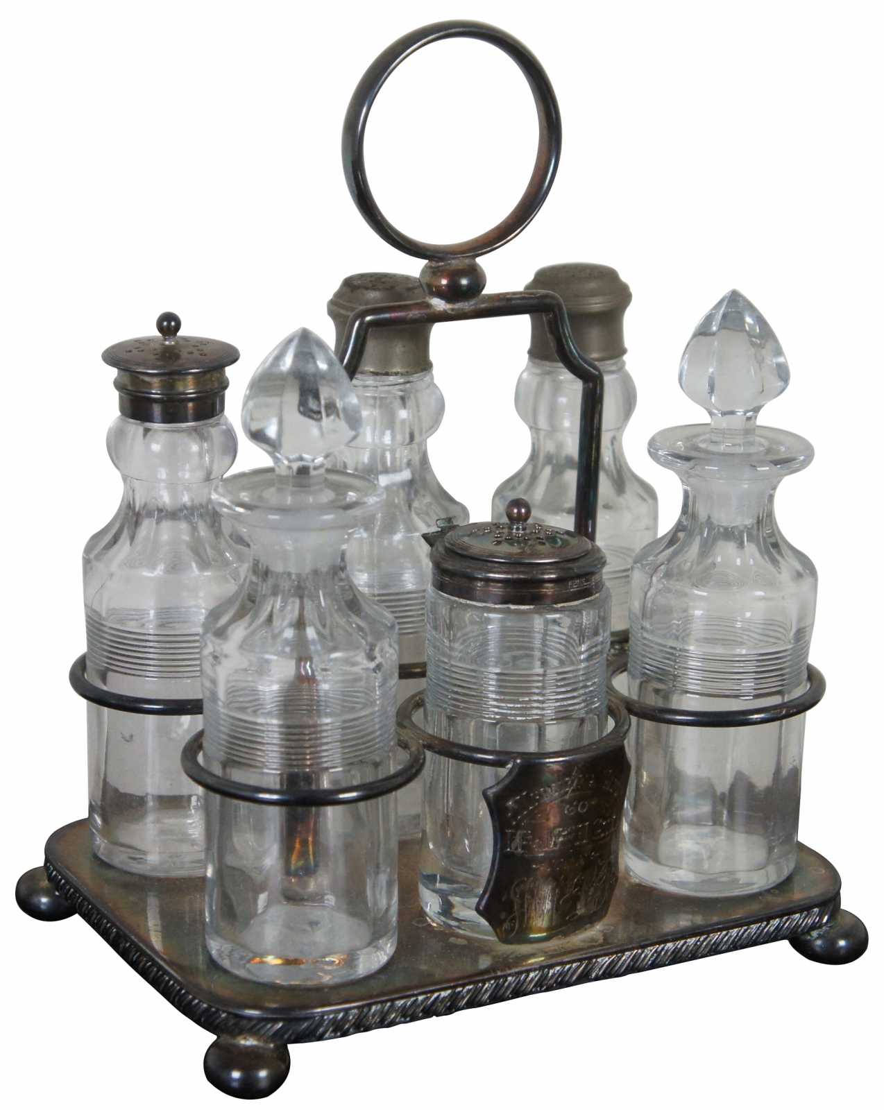 Antique Victorian Silver Plated Glass Cruet Condiment Set