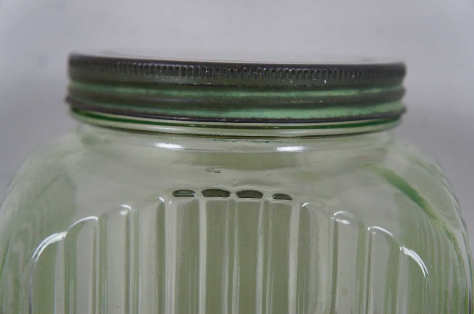 Large Green Depression Glass Ribbed Cookie Jar Canister - Ruby Lane