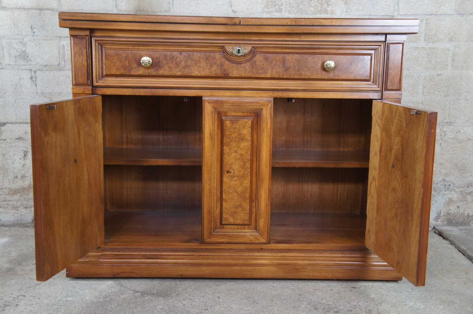 Thomasville Walnut & Ash Burl Rolling Buffet Flip Top Server Sideboard  Cabinet