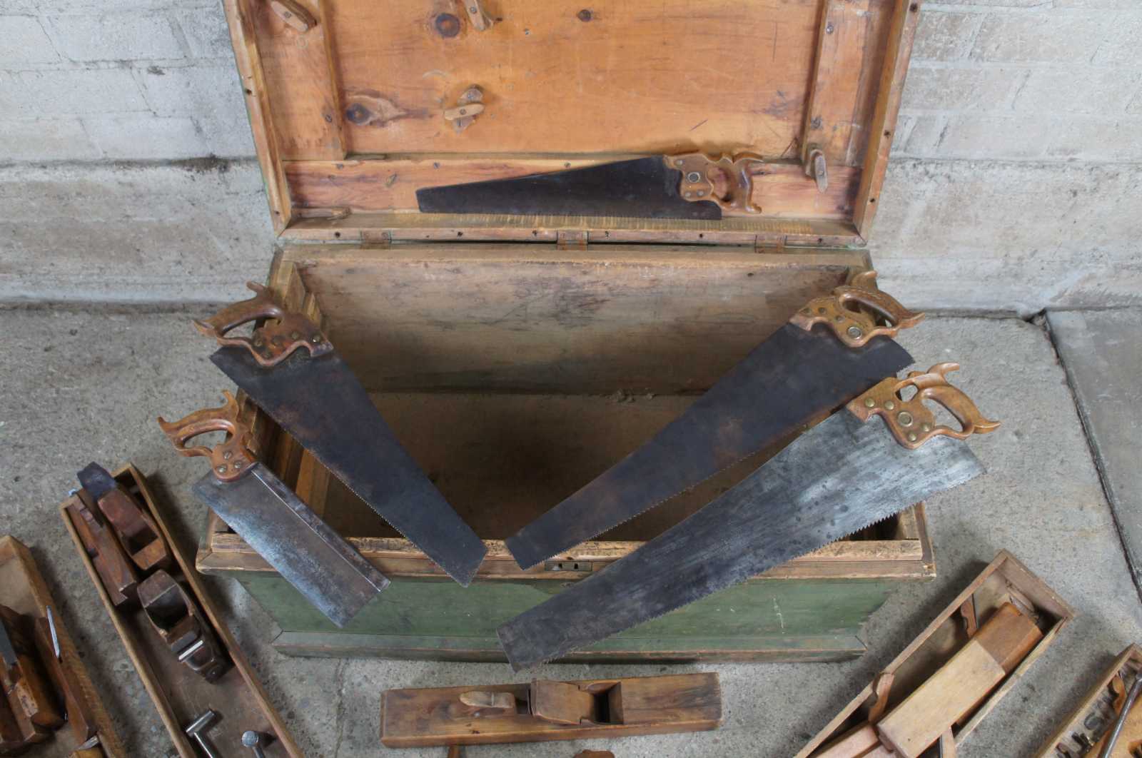 Antique/vintage Wooden Tool Box W/drawer & Hand Saw-carpenters Storage Chest  