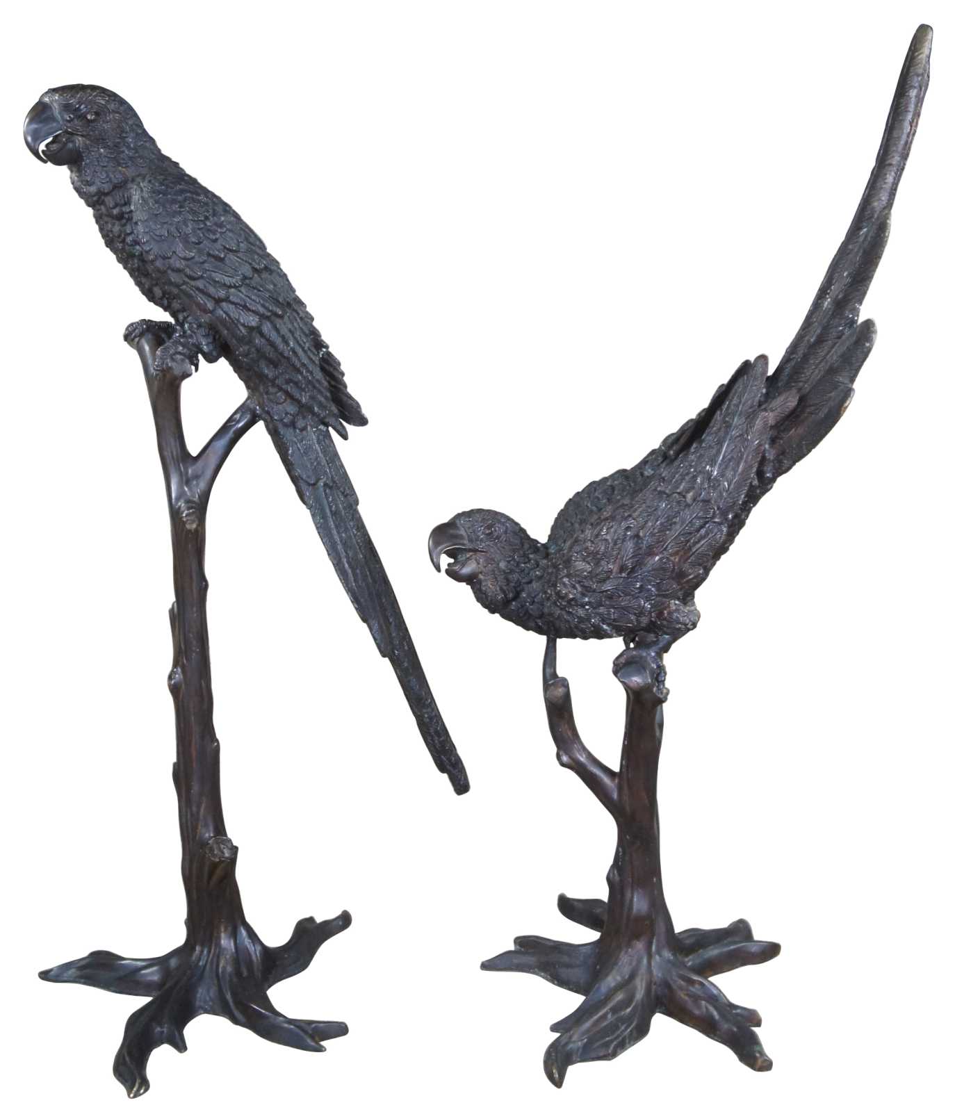 French Art Deco Pair Lifesize Bronze Parrot Bird Sculptures