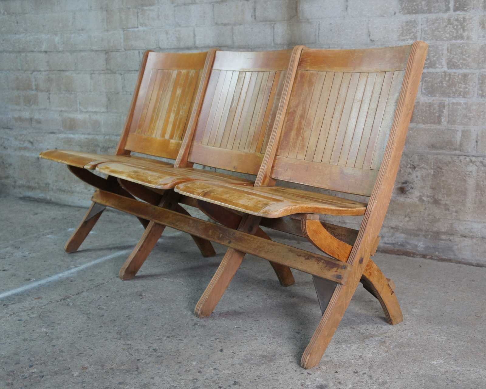 Antique Oak Folding Triple Bench Seat Pew Chair Tandem Stadium Theater 56\