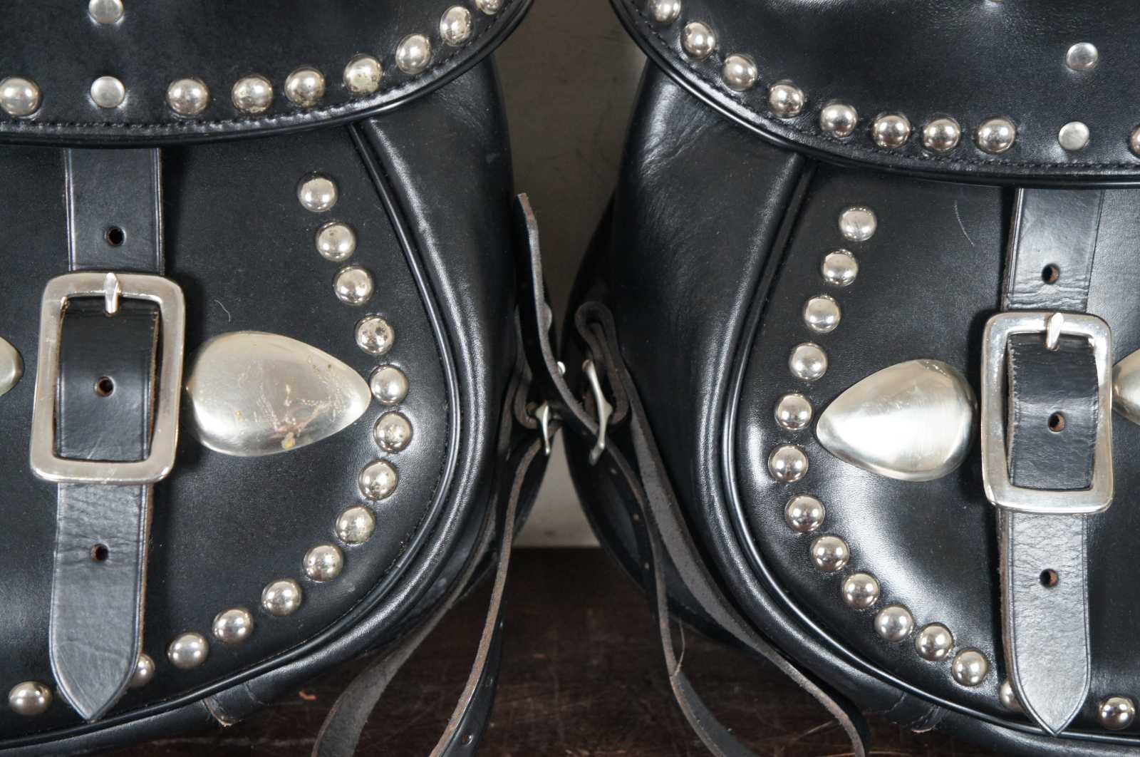 2 Harley Davidson OEM Knuckle Flat Panhead Black Studded Leather Saddlebags Pair