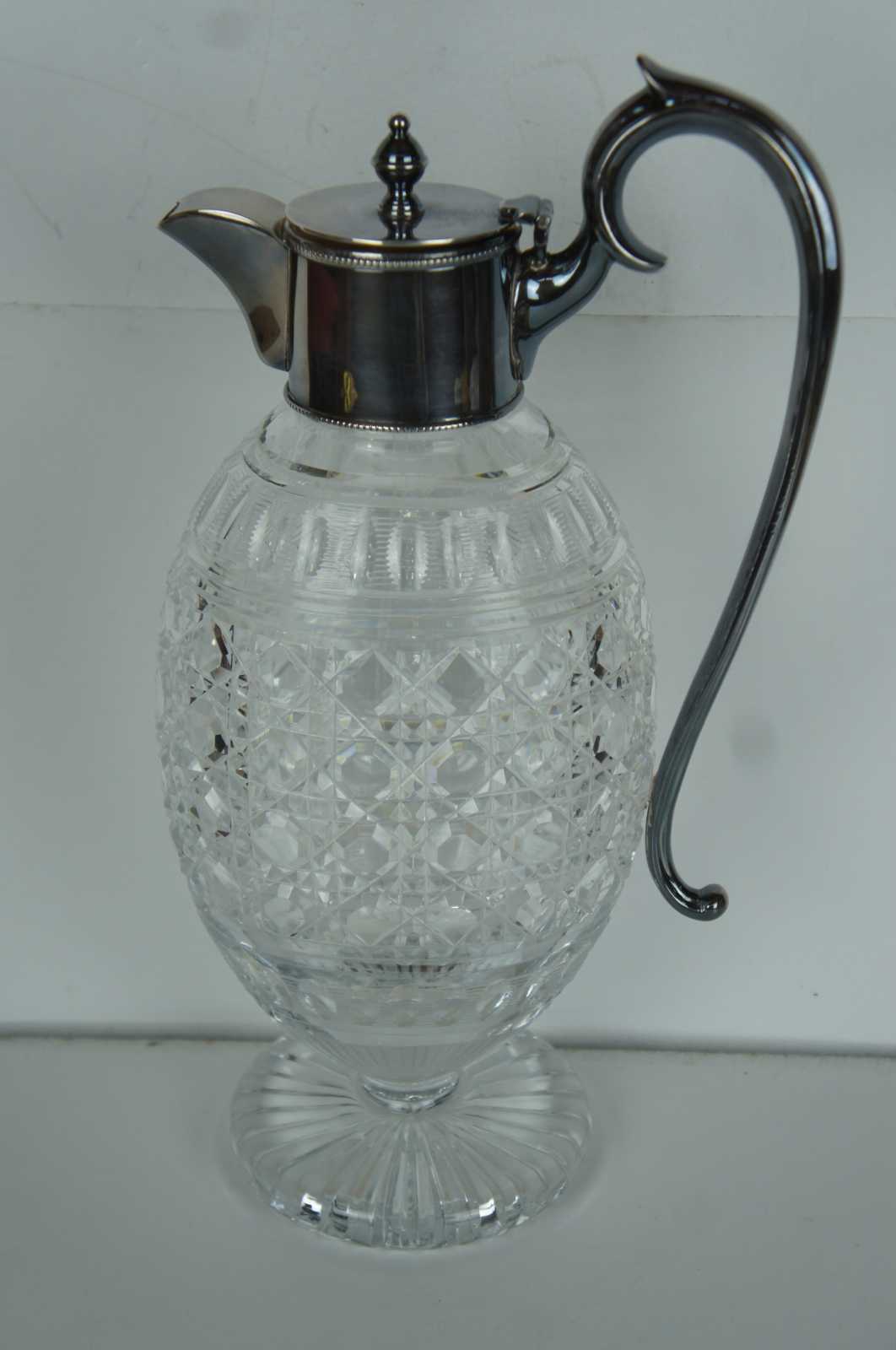 Crystal Glass Diamond Cut & Silverplated Top Lid, Handle Claret Jug Ewer  Decanter Wine Pitcher Circa 1930s-1940s Barware Heavy 