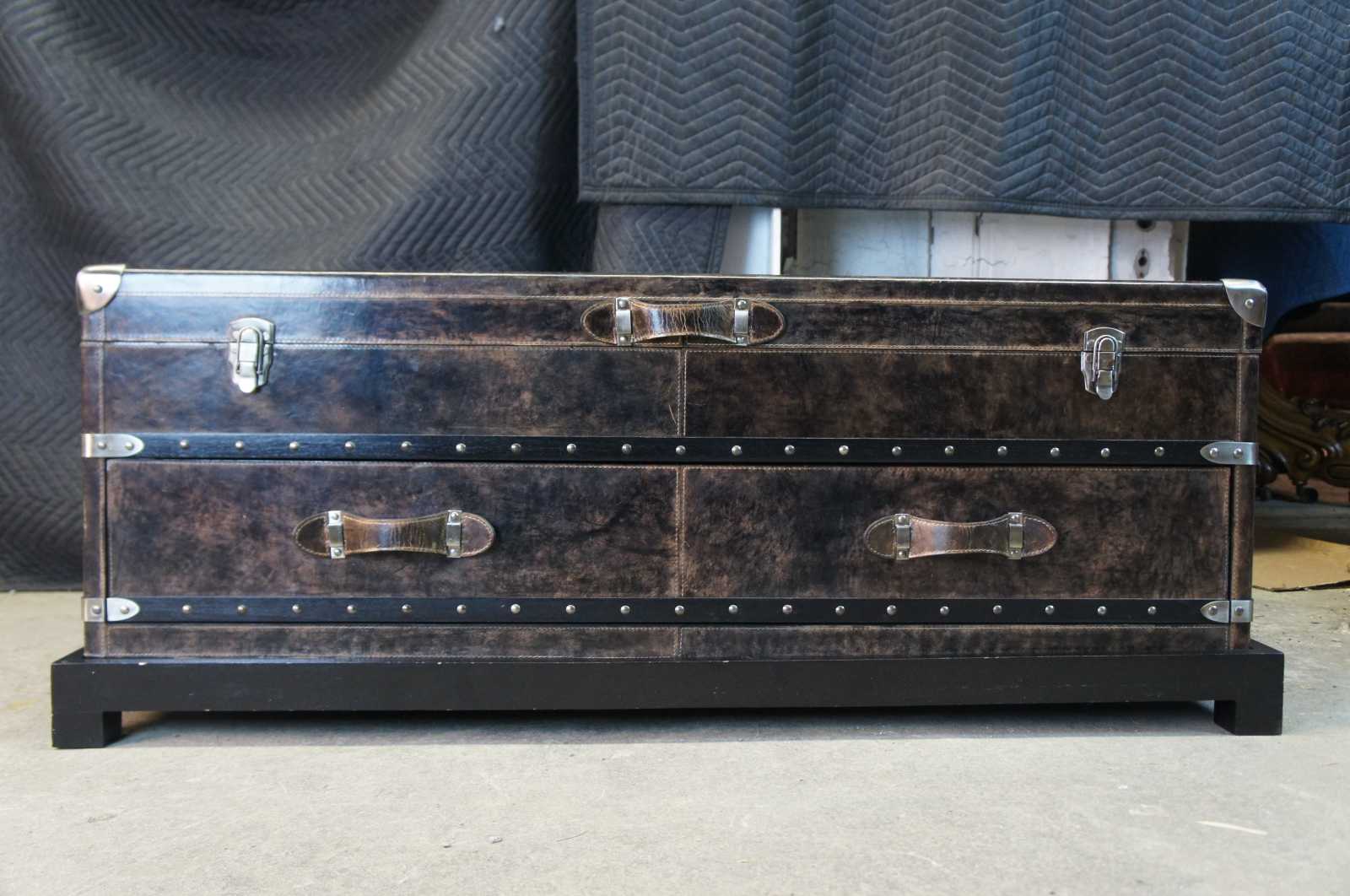 Arhaus Martin Leather Steamer Trunk Coffee Cocktail Table with