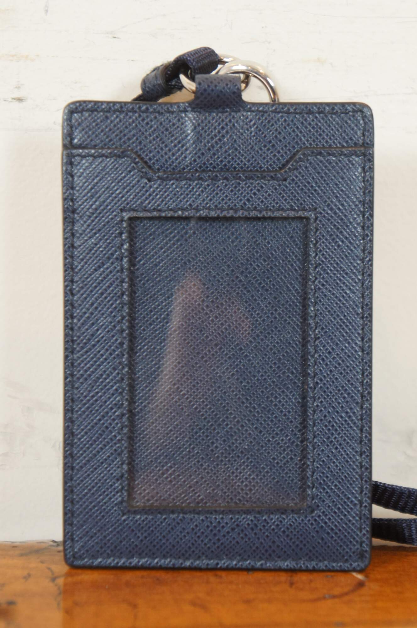 Prada Navy Blue Saffiano Leather ID Badge Holder Lanyard