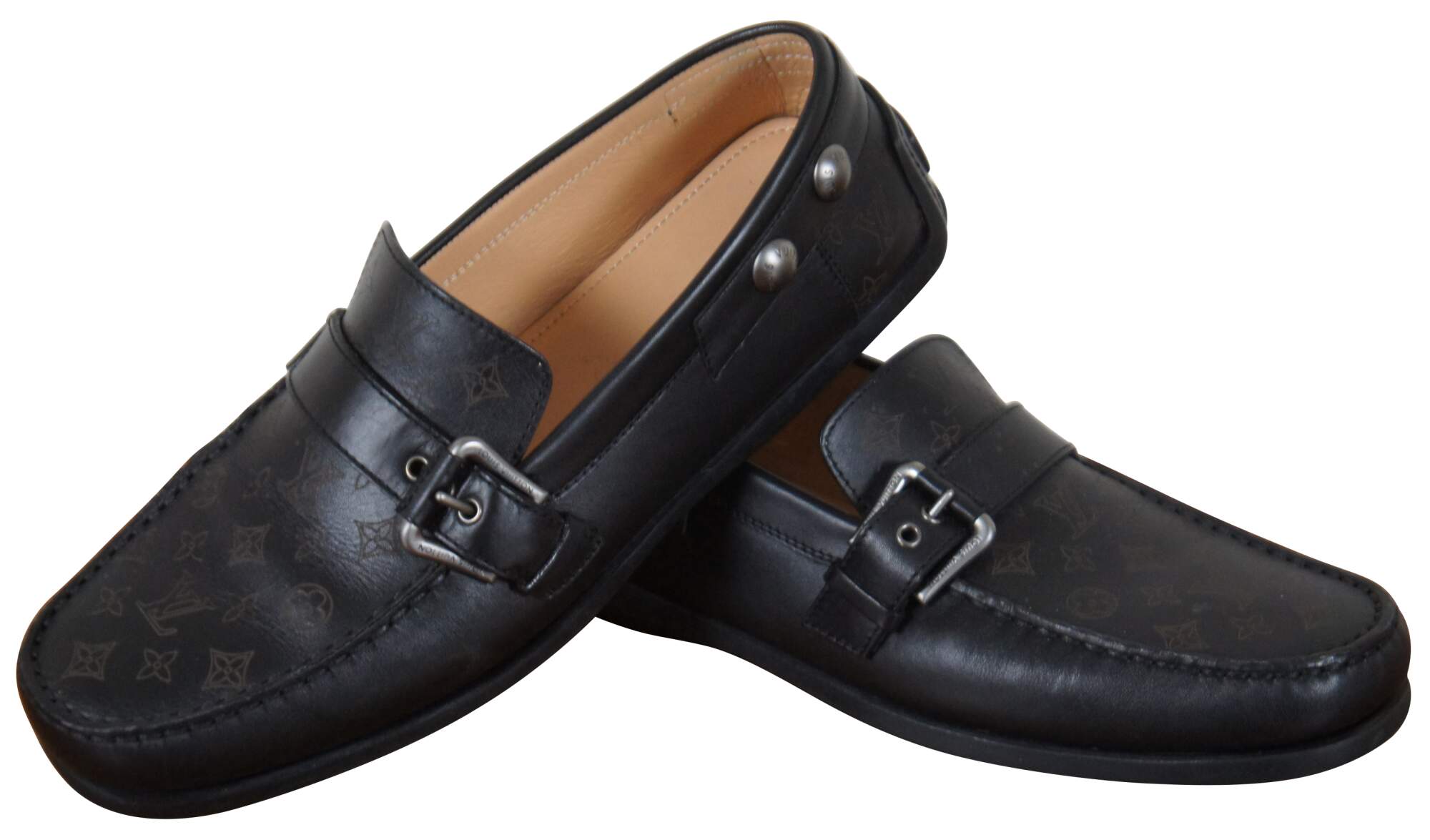 Louis Vuitton Black Leather Monogram Boat Shoes Loafers Buckle Stud 9 US 10  Mens