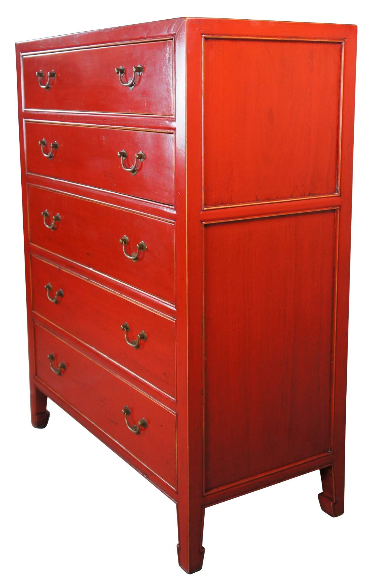 Vintage Chinese Red Lacquered Elm 5 Drawer Modern Tallboy Dresser