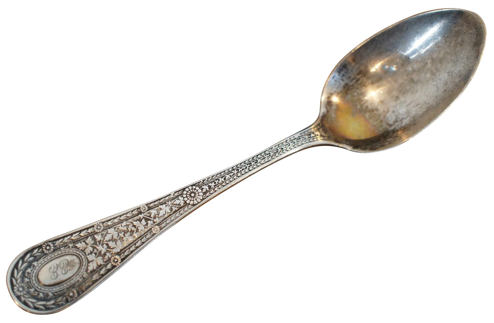 E Jaccard & Co. St Louis Coin Silver Fiddleback Spoon 8.5” Monogrammed  60g