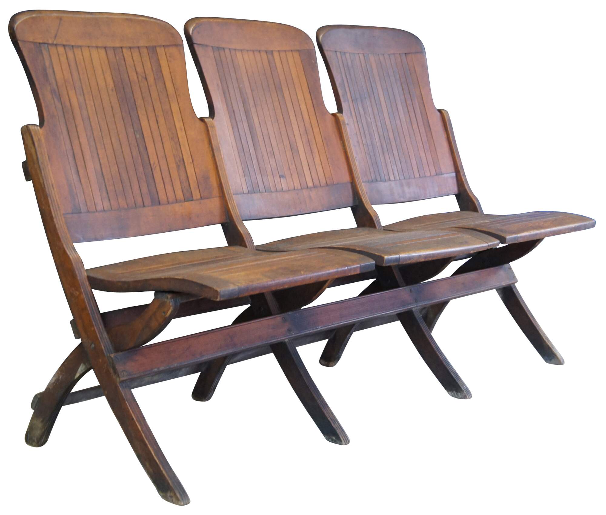 Antique Oak Folding Triple Chair Bench Seat Pew Tandem Stadium School  Theater