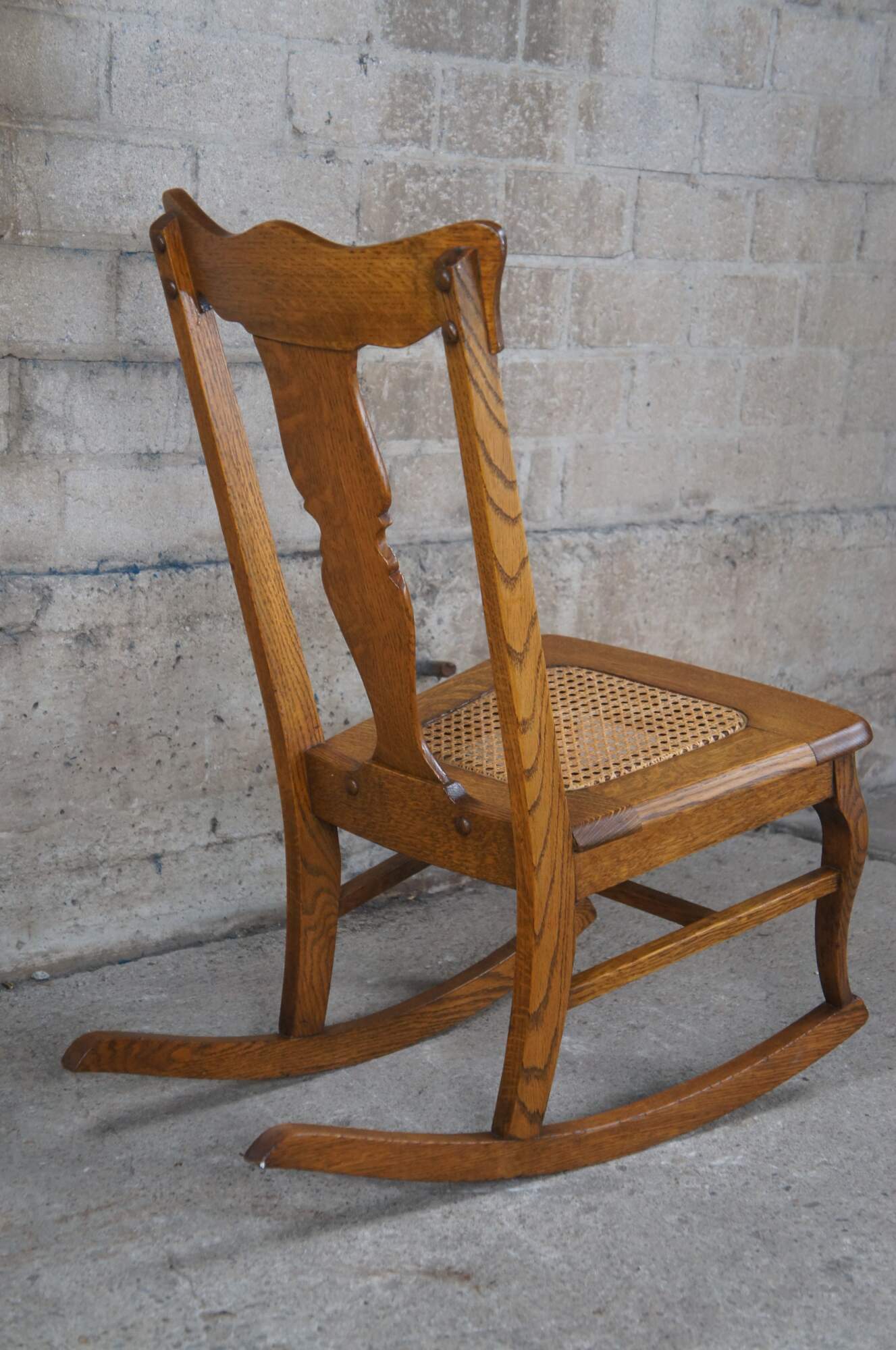 Antique Victorian Stomps Burkhardt Quartersawn Oak Caned Rocker Rocking Chair 