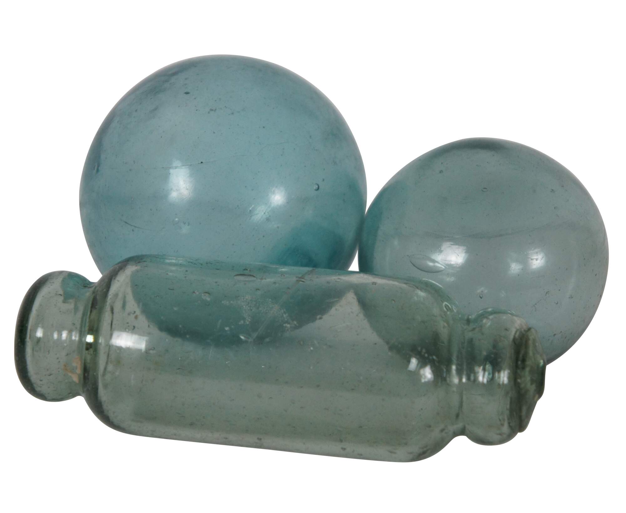 3 Antique Hand Blown Green Glass Japanese Float Nautical Buoy Marker  Rolling Pin