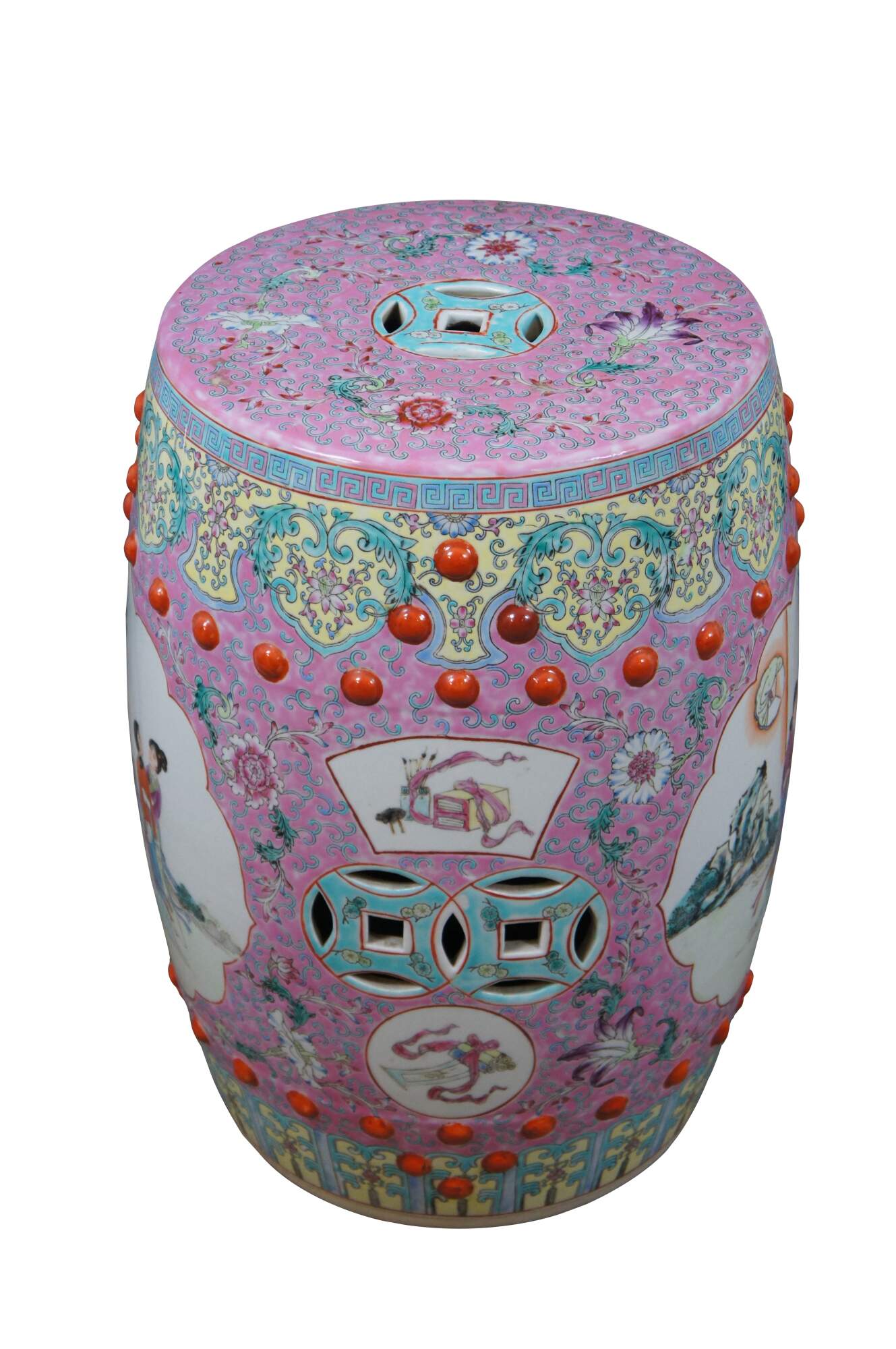 Mid Century Chines Famille Rose Pink Ceramic Garden Seat Stool Occasional Table