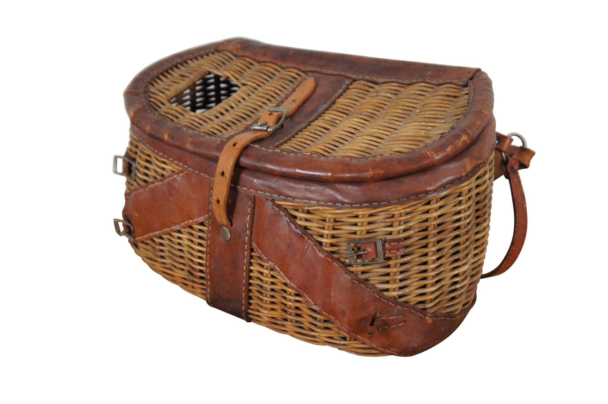 Vintage Split Bamboo & Leather Montana Fly Fishing Creel Basket