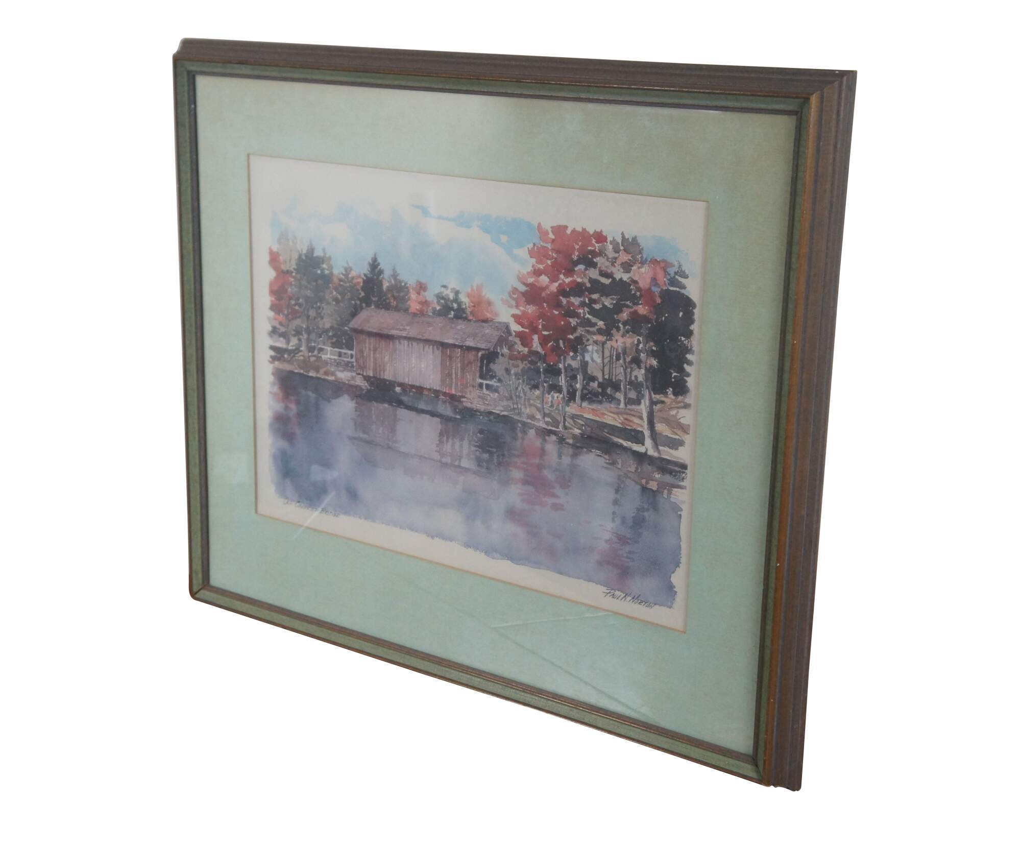 Vintage Watercolor Print By PAUL N NORTON Framed Old 2024 Covered Bridge Water Autumn