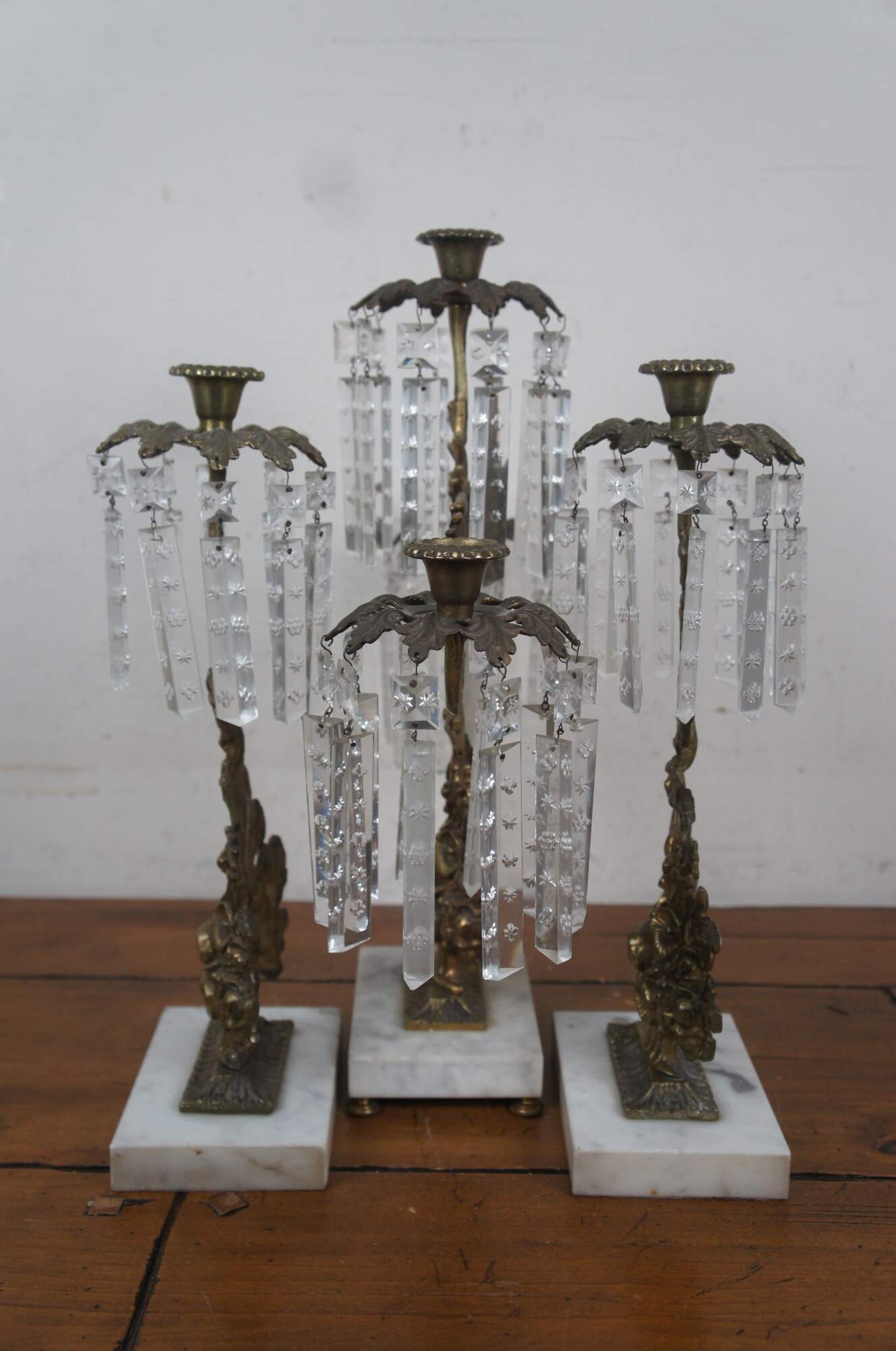 Victorian Girandole Gilt Bronze Marble Drop Crystal Candelabra Candle  Holders